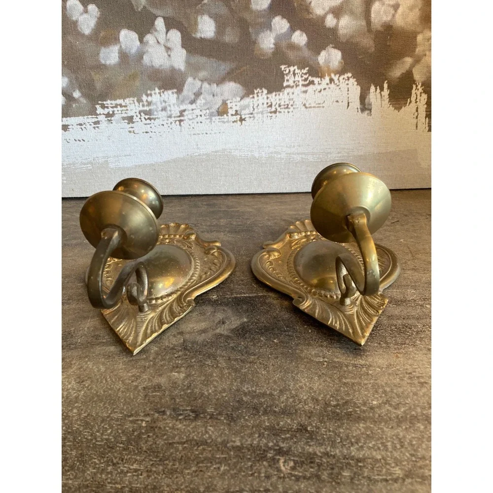Vintage Ornate Solid Brass Wall Sconces Pair Rococo Shell Scroll Candle Holders